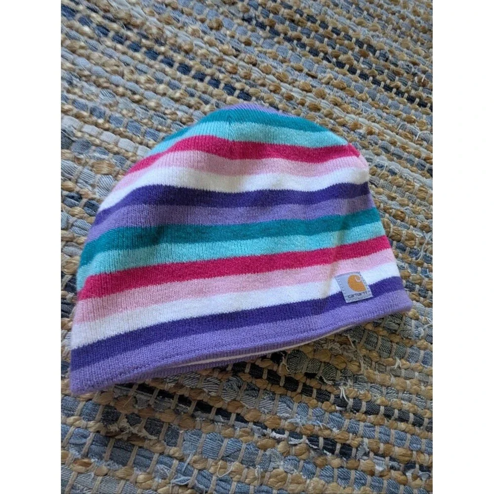 Carhartt Youth One Size Striped Beanie Hat Winter Fleece Lined Purple Pink Blue